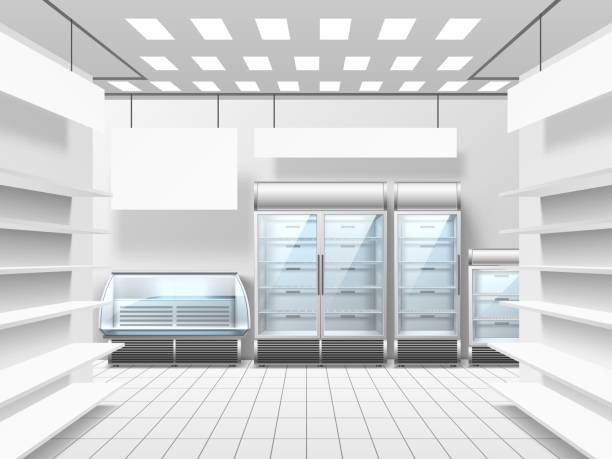 istock Food store interior empty fridges. Trading floor with shelves, showcases and refrigerators, supermarket equipment for products and drink merchandise, 3d isolated elements utter vector concept 1495926699