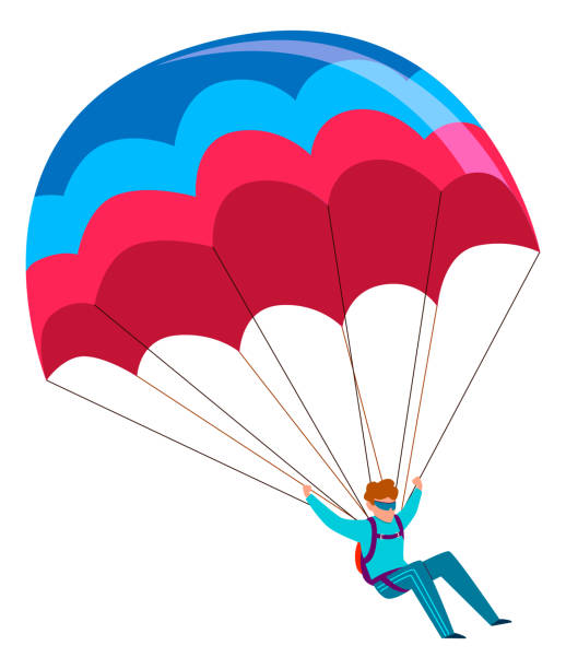 Skydiver. Man with open parachute flying in sky. Falling from airplane. Extreme dangerous sport or hobby. Professional skydiving and parachuting. Cartoon flat isolated vector illustration Skydiver. Man with open parachute flying in sky. Falling from airplane. Extreme dangerous sport or hobby. Professional skydiving and parachuting. Cartoon flat isolated illustration. Vector element jump jet stock illustrations