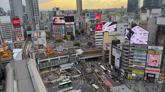 Shibuya zebra crossing.\nElevated positions during great weather days into evenings to show the beauty of the city.