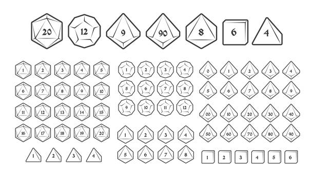 d4, d6, d8, d10, d12 és d20 kockaikonok társasjátékokhoz számokkal, vonalstílussal - dobókocka témájú stock illusztrációk
