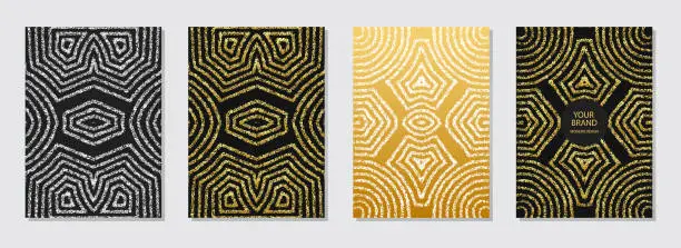 Vector illustration of Cover set, vertical templates. Collection of embossed geometric backgrounds with vintage 3D pattern, golden texture. Tribal color, original ethnos of the East, Asia, India, Mexico, Aztec.