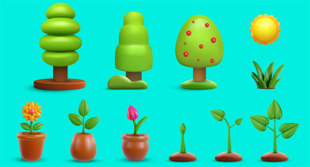 istock Set garden plants. Collection nature objects on blue background. Tree, sun, grass, flower in pot, green leafs. Bright design elements in 3d realistic style. Modern minimal vector illustration, icon. 1495929086