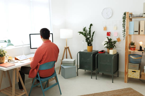 istock Rear view of young casually clothed man working on desktop PC at home office 1495929685