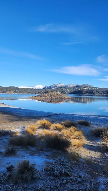 Munos beach, shore of Alumine Lake, in Villa Pehuenia peninsula, Neuquén, Patagonia, South, Argentina, with mountain range with vegetation behind stock photo