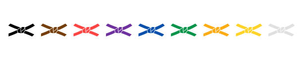 Set with belts karate vector icons on white background. Full Collection of martial arts belts. Set with belts karate vector icons on white background. Full Collection of martial arts belts. Vector 10 EPS. yellow belt stock illustrations