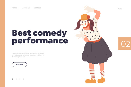 Best comedian performance landing page design template with joyful funny female clown cartoon character vector illustration. Cute woman mime animator acting stories through comic body motions