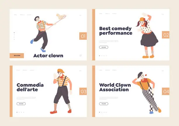 Vector illustration of Set of landing page design template with funny mime artist cartoon characters performing street show