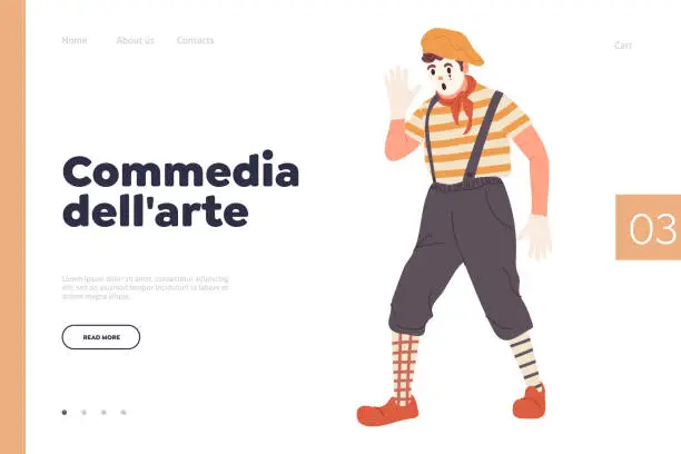Vector illustration of Commedia dell arte promotion landing page design template with male mime cartoon character