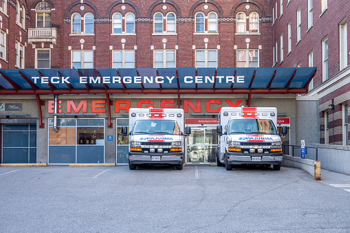 Vancouver, British Columbia - May 26, 2023:  Ambulances at the St. Paul's Hospital.
