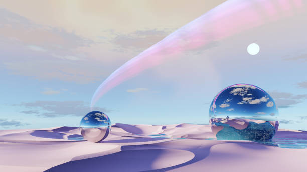 istock 3d render Surreal pastel landscape background with geometric shapes, abstract fantastic desert dune in seasoning landscape with arches, panoramic, futuristic scene with copy space, blue sky and cloudy 1495934855