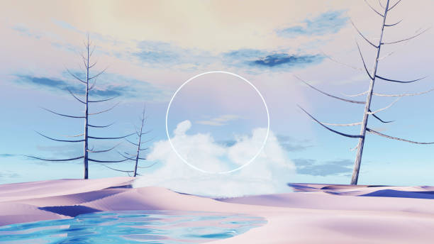 istock 3d render Surreal pastel landscape background with geometric shapes, abstract fantastic desert dune in seasoning landscape with arches, panoramic, futuristic scene with copy space, blue sky and cloudy 1495934908