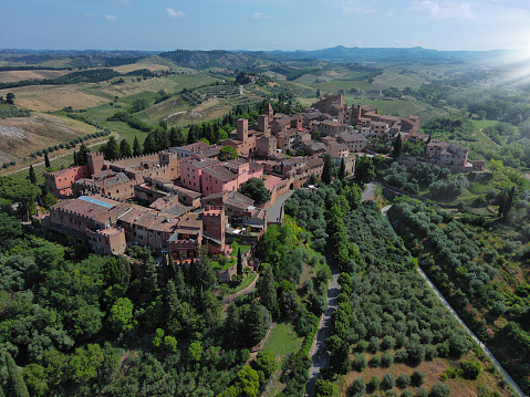 extended aerial view of the medieval town of Certaldo in Tuscany