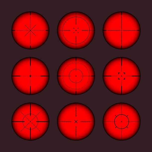 istock Various weapon thermal infrared sights, sniper rifle optical scopes. Hunting gun viewfinder with crosshair. Aim, shooting mark symbol. Military target sign. Game UI element. Vector illustration 1495940562