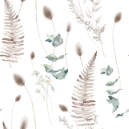 Watercolor Seamless Pattern Background with Dried Fern Leaf and Eucalyptus Branch