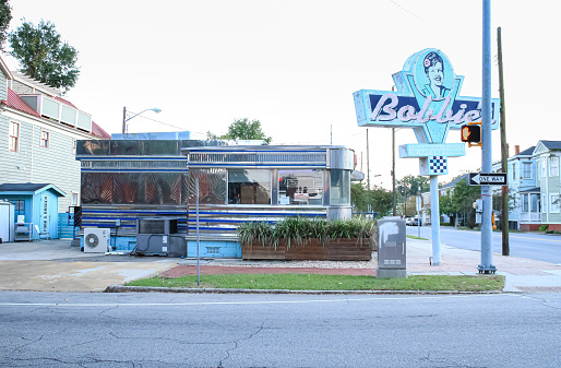 A metal and blue diner in the evening in Savannah, Georgia
