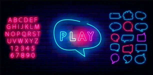 Vector illustration of Play neon label on brick wall. Simple inscription. Glowing advertising. Game design. Vector illustration