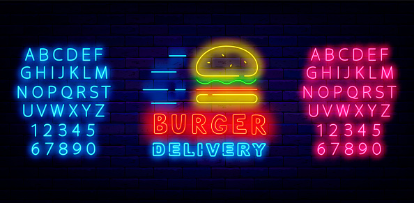 Burger delivery neon label. Gamburger icon. Catering service. Shiny sign. Cafe and restaurant menu transportation. Glowing blue and pink alphabet. Editing text. Vector stock illustration