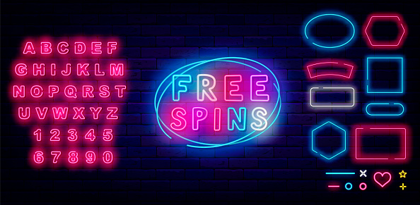 Free spins neon label. Jackpot sign. Shiny pink alphabet. Geometric frames collection. Typography sign. Casino gift. Jackpot concept. Glowing flyer. Bright logo. Vector stock illustration