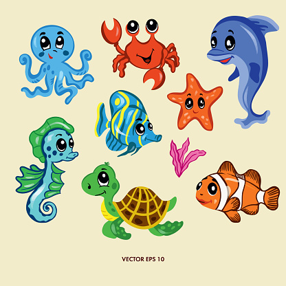 Vector set of sea animals. Octopus, crab, dolphin, starfish, seahorse, turtle, fish. Design element for covers, greeting cards, summer banners, can be used for children's room wall decor.