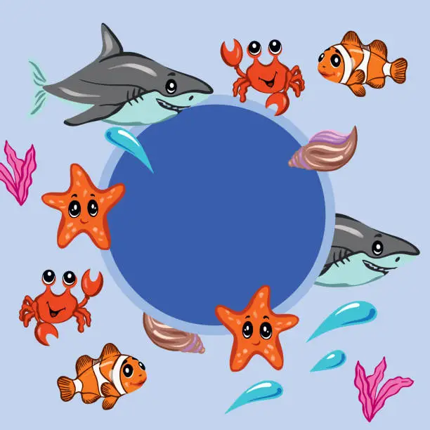 Vector illustration of Shark, starfish, shell, crab, fish. Vector illustration on a marine theme. Banner for covers, greeting cards, summer banners, baby pictures.