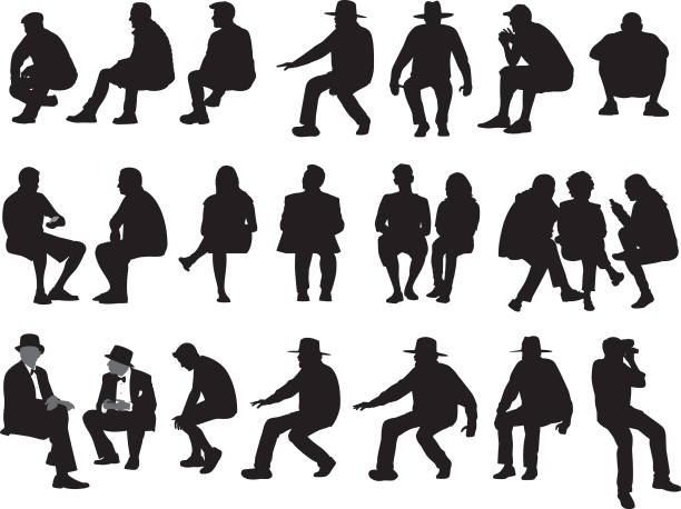 ilustraciones, imágenes clip art, dibujos animados e iconos de stock de siluetas sentadas de personas - crouching silhouette men people