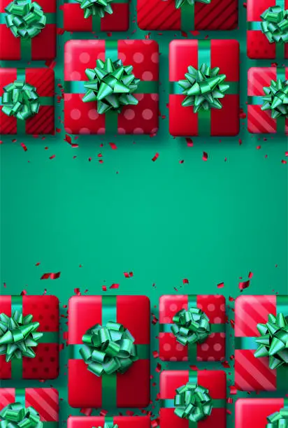 Vector illustration of Christmas red gift boxes on green background.