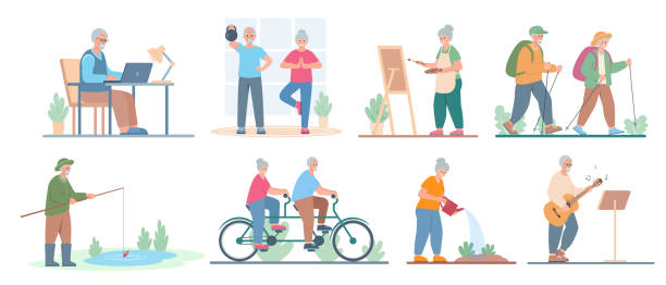 ilustraciones, imágenes clip art, dibujos animados e iconos de stock de conjunto de pasatiempos para personas mayores. estilo de vida activo saludable y actividades de ocio para abuelos. - gardening senior adult action couple