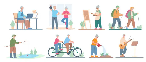 Vector illustration of Senior people hobby set. Healthy active lifestyle and leisure activities for grandparents.