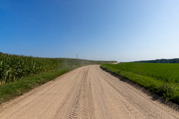 Rural road for cars and transport, ruts and traces of cars on a sandy road in rural areas