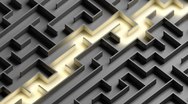 Light path across a maze The concept of solving a complex problem. 3d illustration maze road street confusion stock pictures, royalty-free photos & images