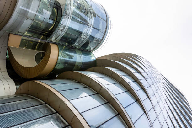 Sydney, Australia - June 03, 2023: Low angle view of glass UTS building 2 in Broadway Ultimo, sky background with copy space, full frame horizontal composition