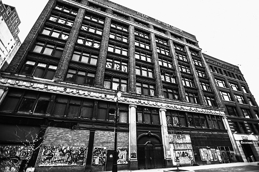 Detroit, Michigan, USA - Wide angle view to abandoned building in downtown district.