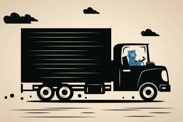 Vector illustration of A smiling blue man driving a cargo truck