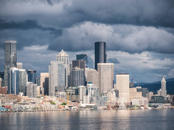 Downtown Seattle illuminated by afternoon sunshine stock photo