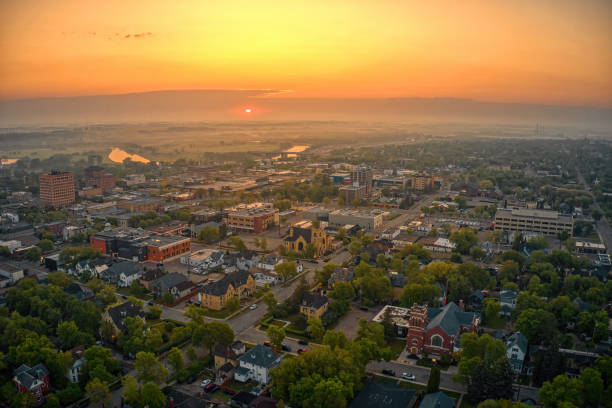 Aerial View of Downtown Brandon, Manitoba at Sunrise stock photo