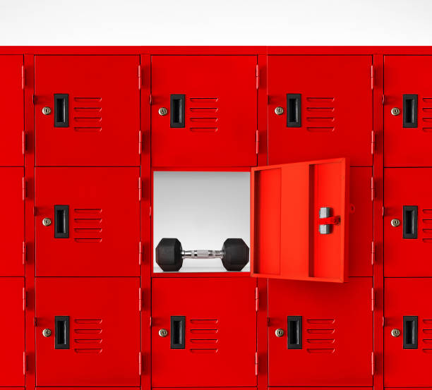 istock Dumbbells in the red lockers inside the gym 1495969023