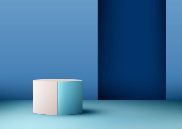 istock 3D realistic empty blue and pink podium stand on blue background and natural lighting modern style 1495970286