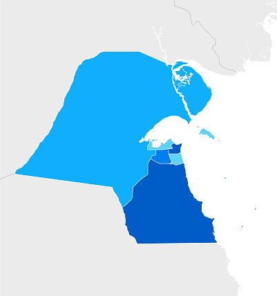 High detailed Kuwait Blue map with Regions and national borders of Iran, Iraq and Saudi Arabia