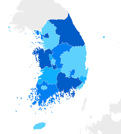 High detailed South Korea Blue map with Regions and national borders of North Korea and Japan