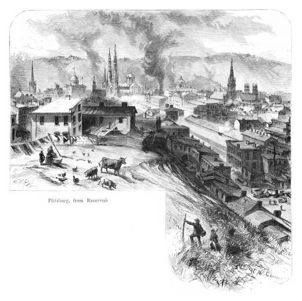 저수지에서 바라본 피츠버그 뷰, 오하이오 리버 밸리, 펜실베니아, 미국, 지리 - ohio river valley stock illustrations