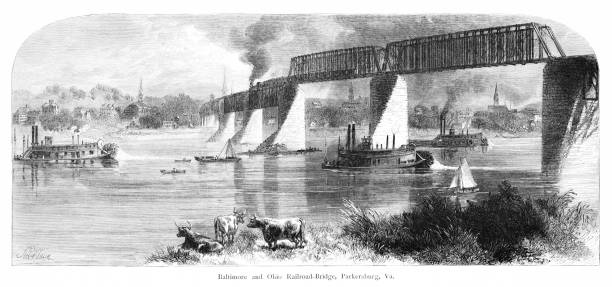 baltimore and ohio train trestle, ohio river, 파커스버그, 버지니아, 미국, 지리 - ohio river valley stock illustrations