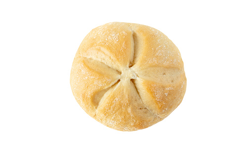 Kaiser bread roll with cuts radiating from the centre isolated on white top view. Wheat bun. Bakery food. Round bread loaf.