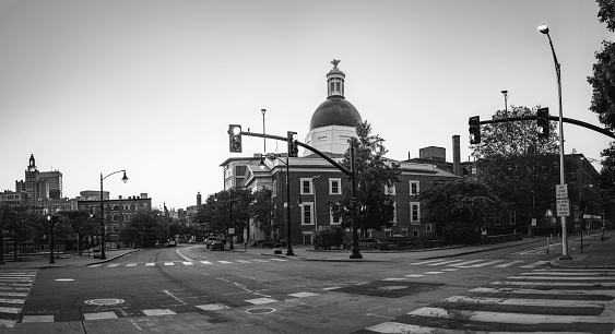 Providence City downtown skyline and buildings in Rhode Island, sunrise cityscape in black and white colors