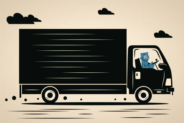 ein lächelnder blauer mann, der einen lastwagen fährt - car side view truck truck driver stock-grafiken, -clipart, -cartoons und -symbole