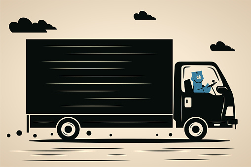 Blue Cartoon Characters Design Vector Art Illustration.
A smiling blue man driving a cargo truck.
