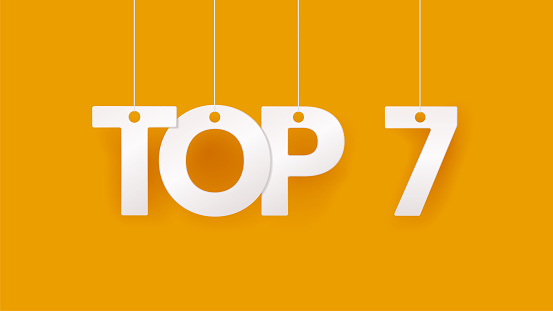Top 7 or seven five banner. Hanging on rope or thread letter. Rating chart. Yellow background. Vector illustration