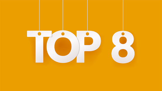 Top 8 or top eight banner. Hanging on rope or thread letter. Rating chart. Yellow background. Vector illustration