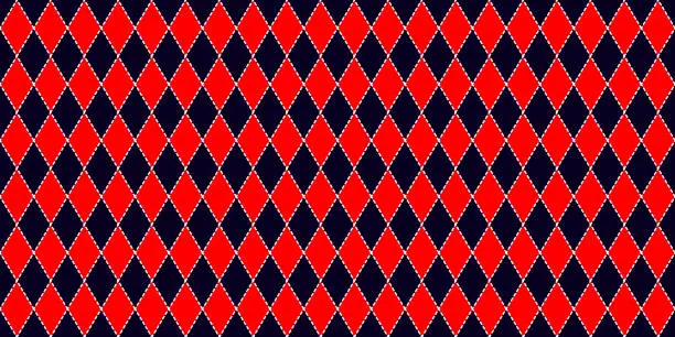 Vector illustration of Harlequin seamless pattern in red, and dark blue with white dashed stroke