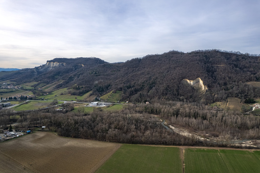 Aerial drone panorama of Lugagnano town in Arda Valley, Piacenza , Emilia Romagna Italy