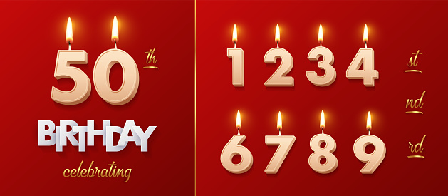 Birthday number candles with fire for anniversary cake vector illustration. 3D realistic beige wax numbers with candlelight, white and gold font on red background for invitation, greeting card